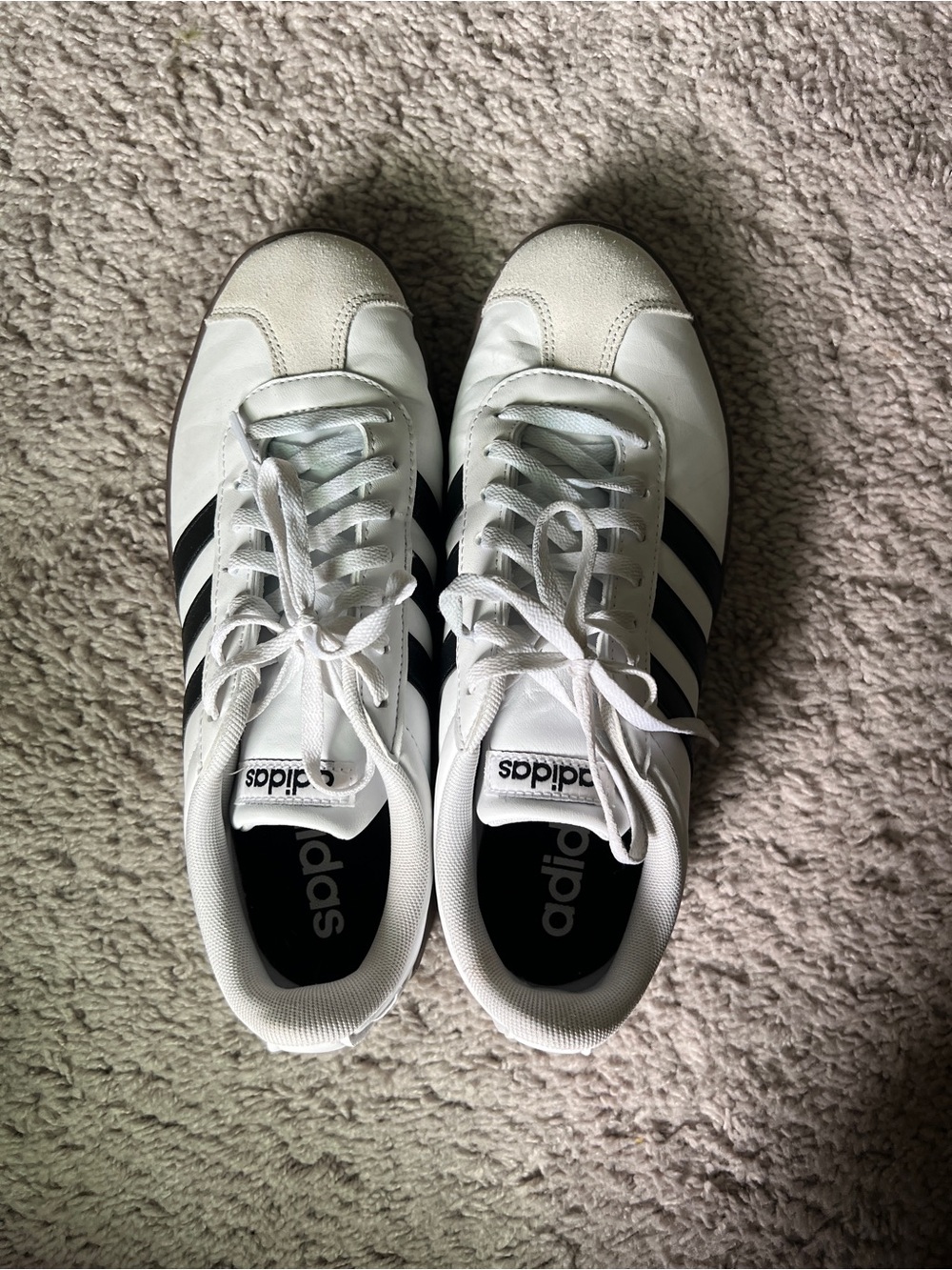adidas White Sneakers with Black Stripes and Off-White Toe Caps